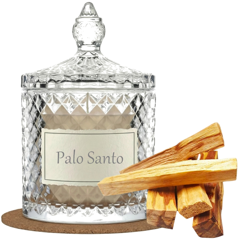 Świeca Zapachowa 330ml PALO SANTO w Krysztale | Świeca Sojowa, Czas palenia: ok. 100h, HANDMADE | z Korkową Podkładką, Seria: Cristal 330ml