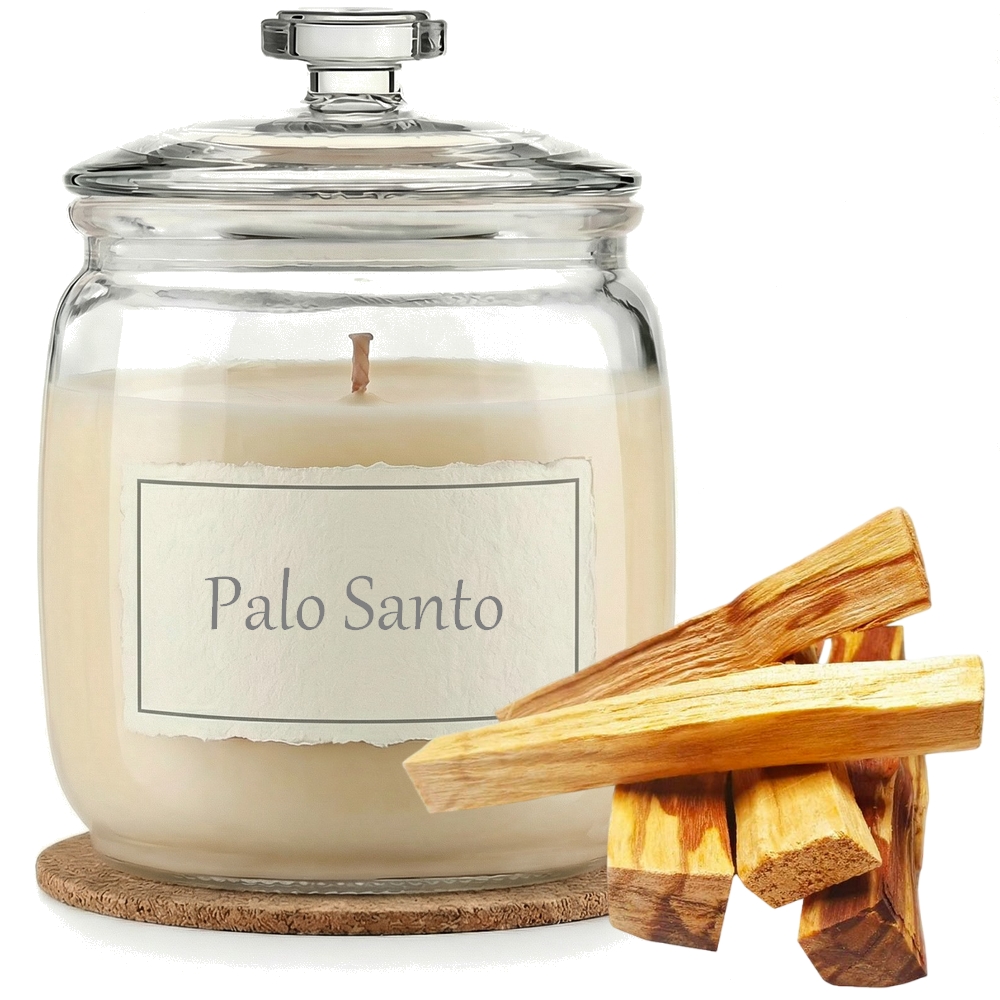 Świeca Zapachowa 750ml PALO SANTO w Szkle | Świeca Sojowa, Czas palenia: ok. 230h, HANDMADE | z Korkową Podkładką, Seria: Glass 750ml