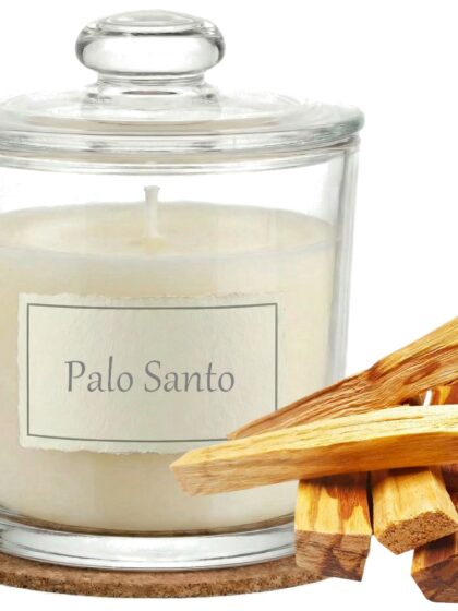 Świeca Zapachowa 440ml PALO SANTO w Szkle | Świeca Sojowa, Czas palenia: ok. 140h, HANDMADE | z Korkową Podkładką, Seria: Glass 440ml