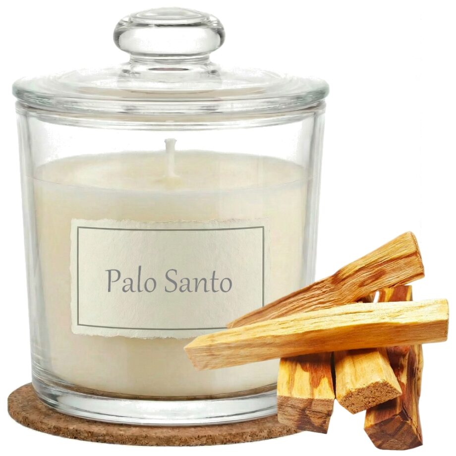Świeca Zapachowa 440ml PALO SANTO w Szkle | Świeca Sojowa, Czas palenia: ok. 140h, HANDMADE | z Korkową Podkładką, Seria: Glass 440ml
