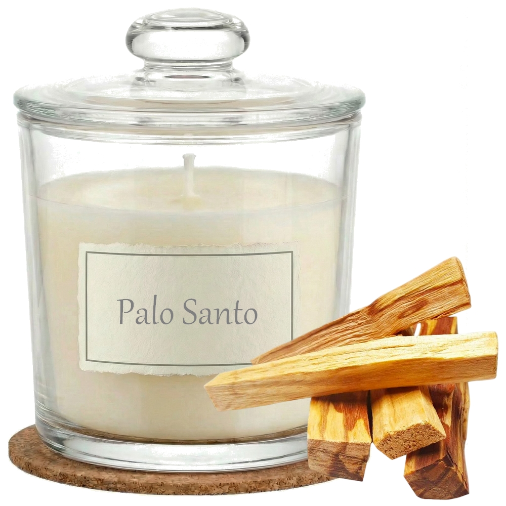 Świeca Zapachowa 440ml PALO SANTO w Szkle | Świeca Sojowa, Czas palenia: ok. 140h, HANDMADE | z Korkową Podkładką, Seria: Glass 440ml