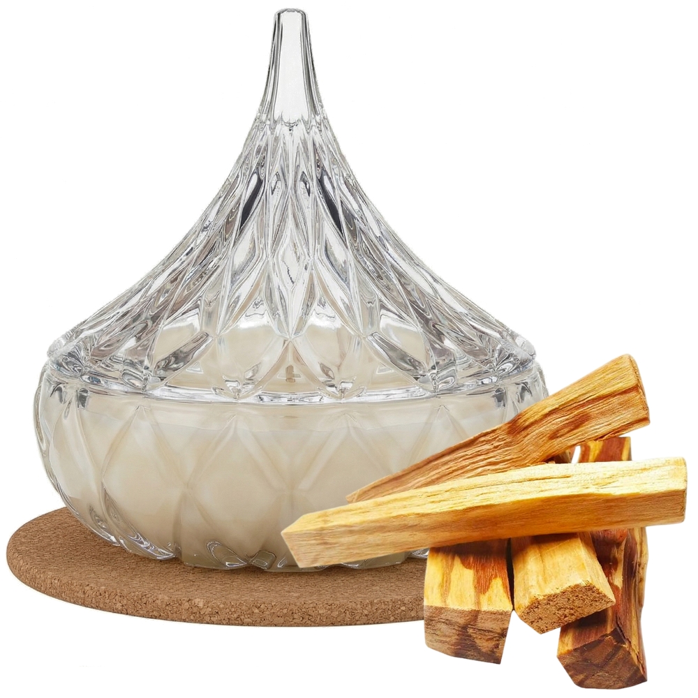 Świeca Zapachowa 220ml PALO SANTO w Krysztale | Świeca Sojowa, Czas palenia: ok. 65h, HANDMADE | z Korkową Podkładką, Seria: Cristal 220ml