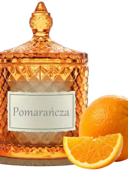 Świeca Zapachowa 330ml POMARAŃCZA w Krysztale | Świeca Sojowa, Czas palenia: ok. 100h, HANDMADE | z Korkową Podkładką, Seria: Cristal 330ml