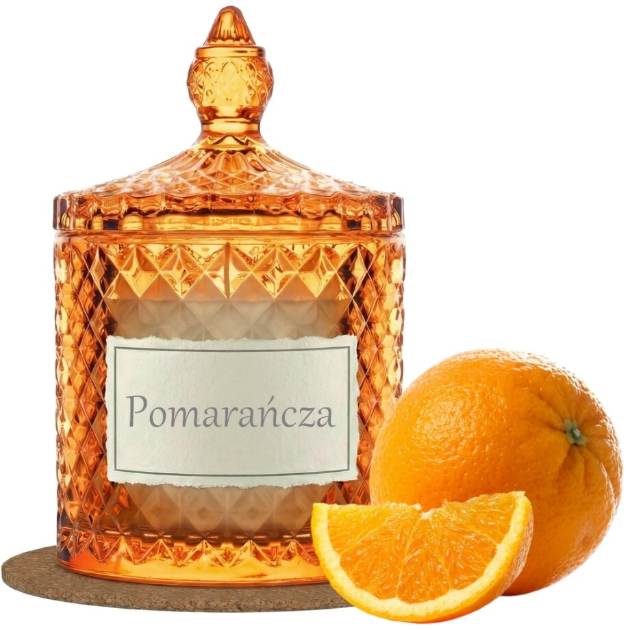 Świeca Zapachowa 330ml POMARAŃCZA w Krysztale | Świeca Sojowa, Czas palenia: ok. 100h, HANDMADE | z Korkową Podkładką, Seria: Cristal 330ml