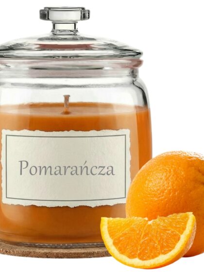 Świeca Zapachowa 750ml POMARAŃCZA w Szkle | Świeca Sojowa, Czas palenia: ok. 230h, HANDMADE | z Korkową Podkładką, Seria: Glass 750ml
