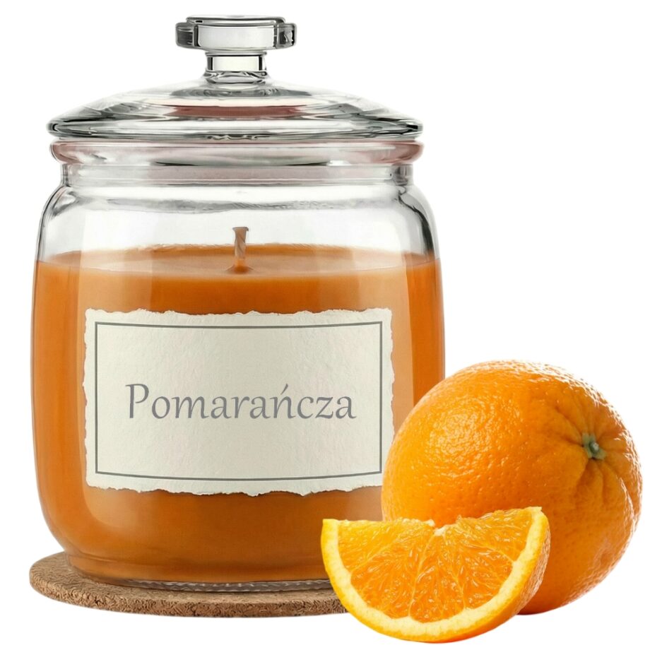 Świeca Zapachowa 750ml POMARAŃCZA w Szkle | Świeca Sojowa, Czas palenia: ok. 230h, HANDMADE | z Korkową Podkładką, Seria: Glass 750ml
