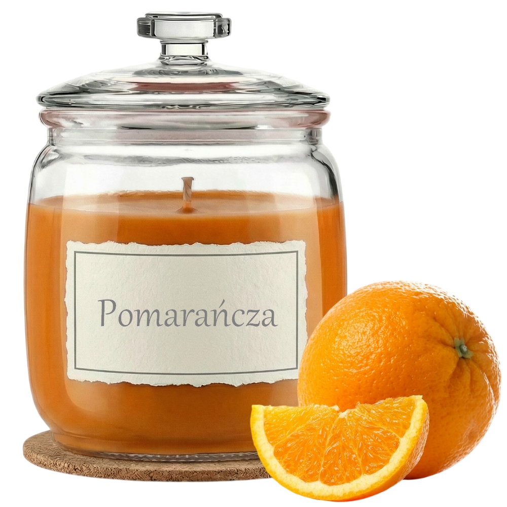 Świeca Zapachowa 750ml POMARAŃCZA w Szkle | Świeca Sojowa, Czas palenia: ok. 230h, HANDMADE | z Korkową Podkładką, Seria: Glass 750ml