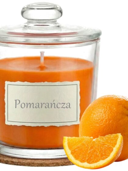 Świeca Zapachowa 440ml POMARAŃCZA w Szkle | Świeca Sojowa, Czas palenia: ok. 140h, HANDMADE | z Korkową Podkładką, Seria: Glass 440ml