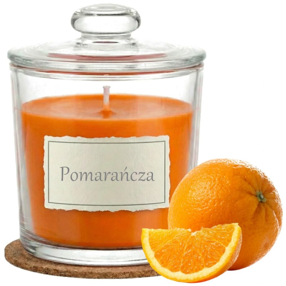 Świeca Zapachowa 440ml POMARAŃCZA w Szkle | Świeca Sojowa, Czas palenia: ok. 140h, HANDMADE | z Korkową Podkładką, Seria: Glass 440ml