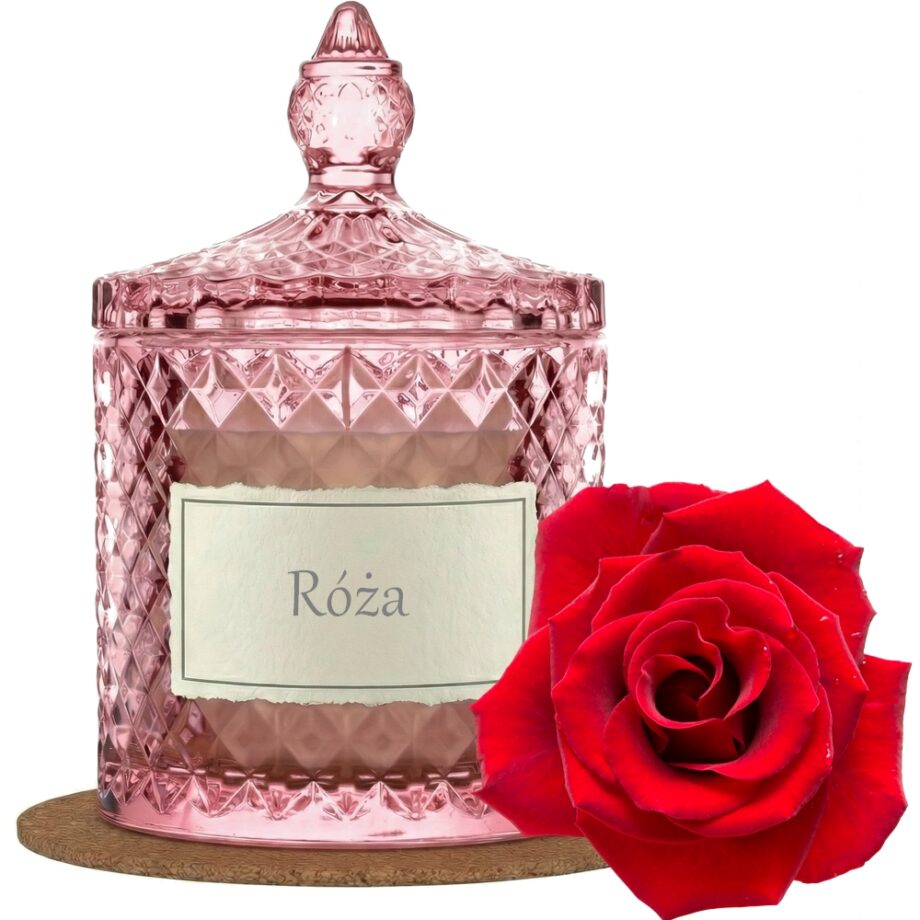 Świeca Zapachowa 330ml RÓŻA w Krysztale | Świeca Sojowa, Czas palenia: ok. 100h, HANDMADE | z Korkową Podkładką, Seria: Cristal 330ml
