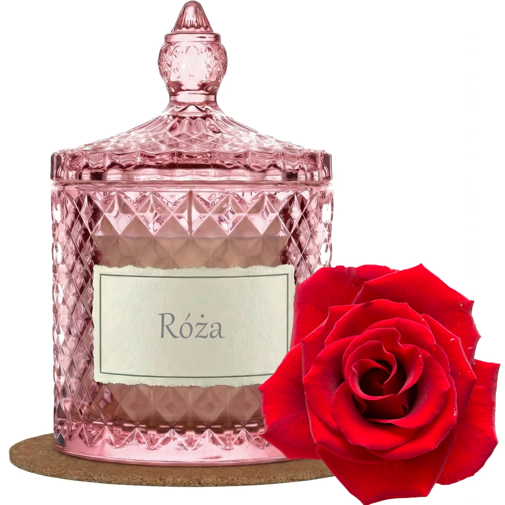 Świeca Zapachowa 330ml RÓŻA w Krysztale | Świeca Sojowa, Czas palenia: ok. 100h, HANDMADE | z Korkową Podkładką, Seria: Cristal 330ml