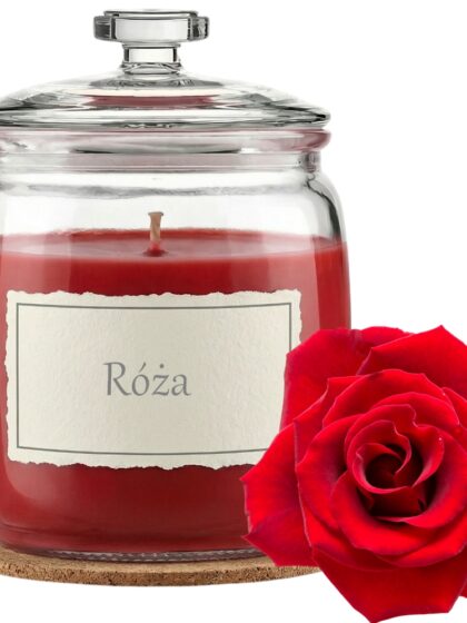 Świeca Zapachowa 750ml RÓŻA w Szkle | Świeca Sojowa, Czas palenia: ok. 230h, HANDMADE | z Korkową Podkładką, Seria: Glass 750ml