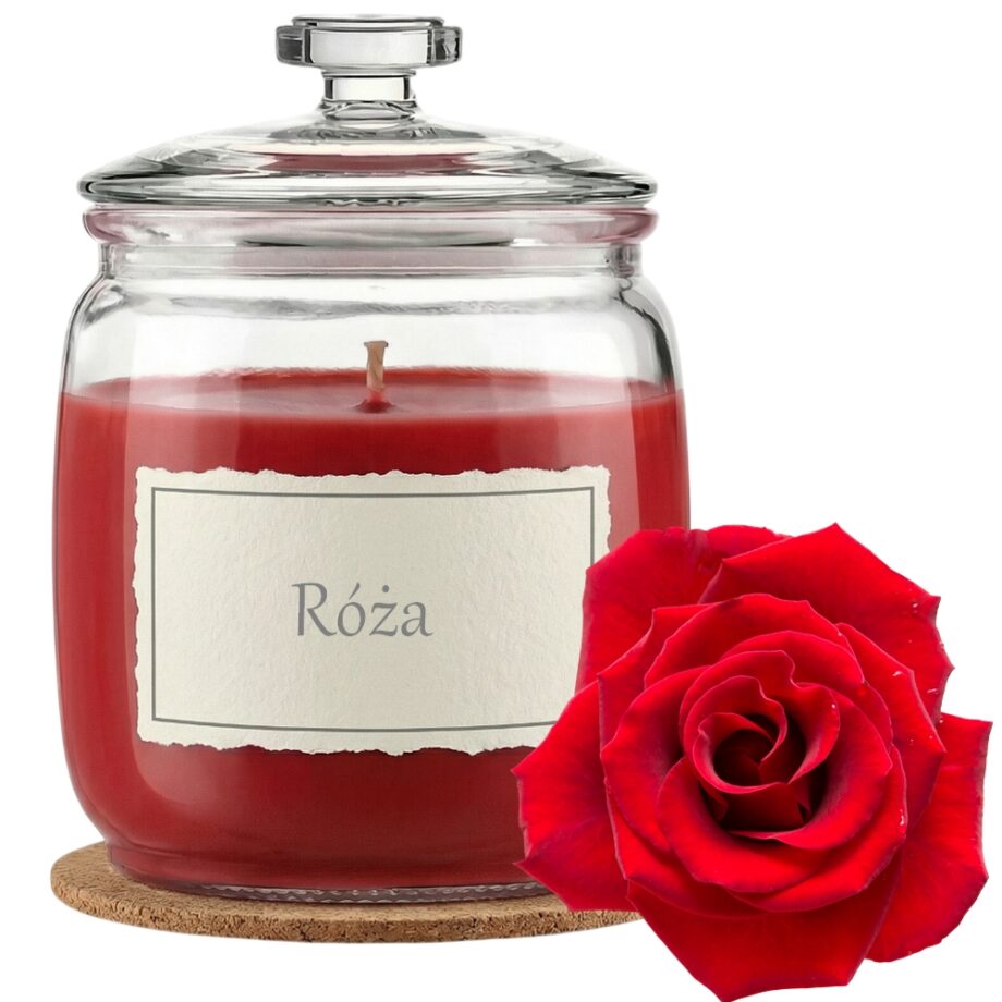 Świeca Zapachowa 750ml RÓŻA w Szkle | Świeca Sojowa, Czas palenia: ok. 230h, HANDMADE | z Korkową Podkładką, Seria: Glass 750ml