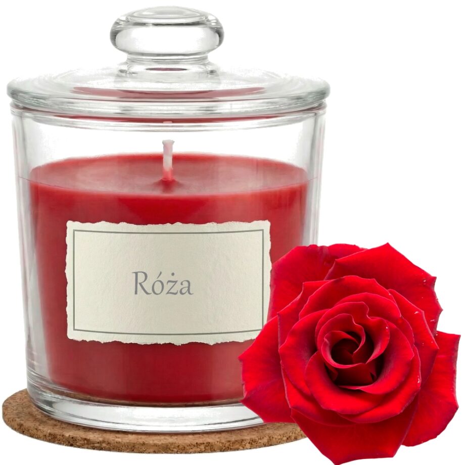 Świeca Zapachowa 440ml RÓŻA w Szkle | Świeca Sojowa, Czas palenia: ok. 140h, HANDMADE | z Korkową Podkładką, Seria: Glass 440ml