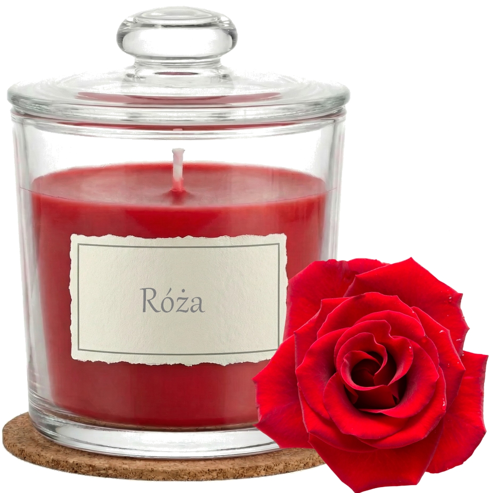 Świeca Zapachowa 440ml RÓŻA w Szkle | Świeca Sojowa, Czas palenia: ok. 140h, HANDMADE | z Korkową Podkładką, Seria: Glass 440ml