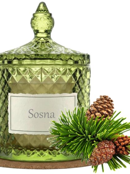 Świeca Zapachowa 330ml SOSNA w Krysztale | Świeca Sojowa, Czas palenia: ok. 100h, HANDMADE | z Korkową Podkładką, Seria: Cristal 330ml