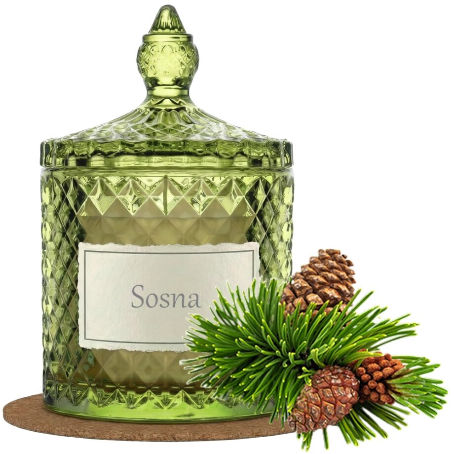 Świeca Zapachowa 330ml SOSNA w Krysztale | Świeca Sojowa, Czas palenia: ok. 100h, HANDMADE | z Korkową Podkładką, Seria: Cristal 330ml