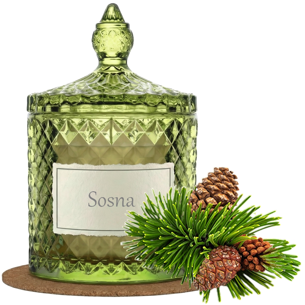 Świeca Zapachowa 330ml SOSNA w Krysztale | Świeca Sojowa, Czas palenia: ok. 100h, HANDMADE | z Korkową Podkładką, Seria: Cristal 330ml