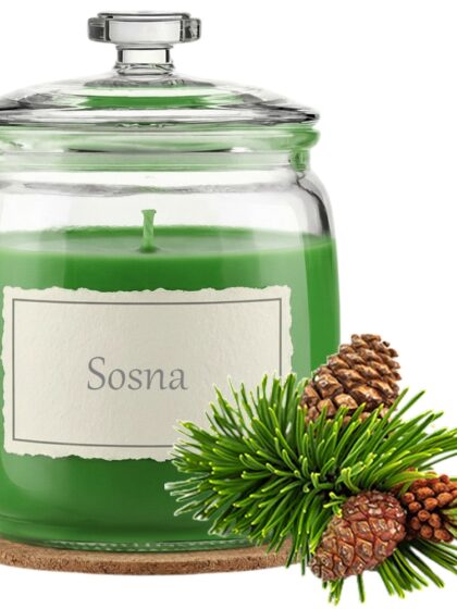 Świeca Zapachowa 750ml SOSNA w Szkle | Świeca Sojowa, Czas palenia: ok. 230h, HANDMADE | z Korkową Podkładką, Seria: Glass 750ml