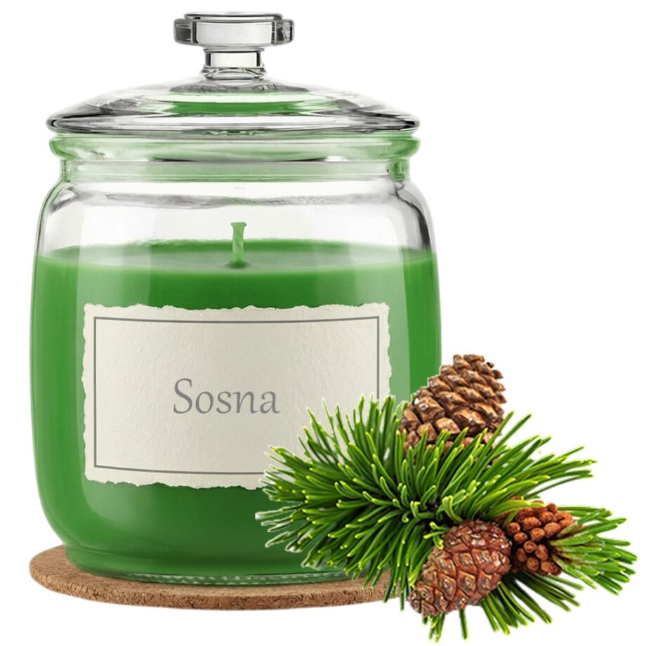 Świeca Zapachowa 750ml SOSNA w Szkle | Świeca Sojowa, Czas palenia: ok. 230h, HANDMADE | z Korkową Podkładką, Seria: Glass 750ml