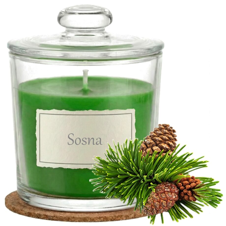 Świeca Zapachowa 440ml SOSNA w Szkle | Świeca Sojowa, Czas palenia: ok. 140h, HANDMADE | z Korkową Podkładką, Seria: Glass 440ml