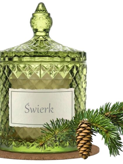 Świeca Zapachowa 330ml ŚWIERK w Krysztale | Świeca Sojowa, Czas palenia: ok. 100h, HANDMADE | z Korkową Podkładką, Seria: Cristal 330ml
