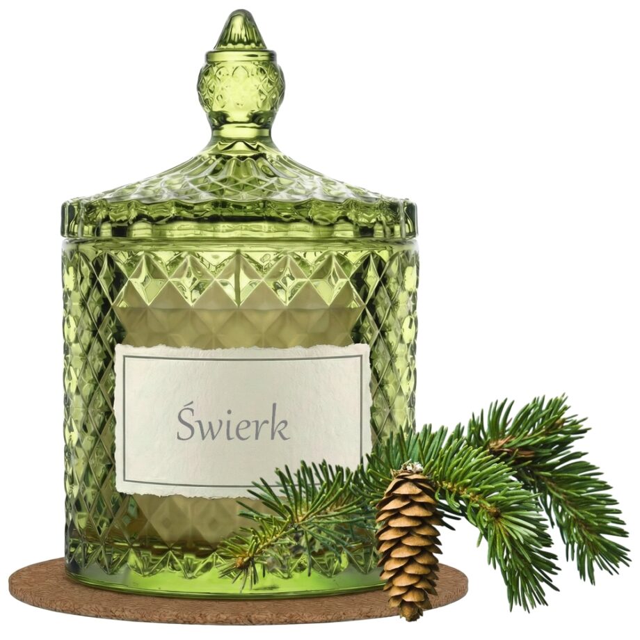 Świeca Zapachowa 330ml ŚWIERK w Krysztale | Świeca Sojowa, Czas palenia: ok. 100h, HANDMADE | z Korkową Podkładką, Seria: Cristal 330ml