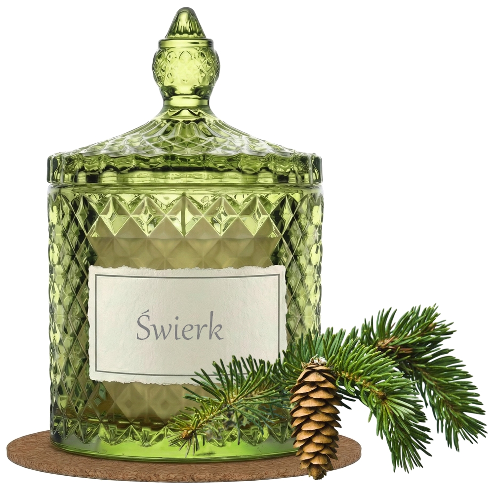 Świeca Zapachowa 330ml ŚWIERK w Krysztale | Świeca Sojowa, Czas palenia: ok. 100h, HANDMADE | z Korkową Podkładką, Seria: Cristal 330ml