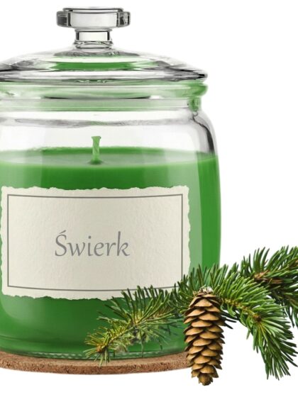 Świeca Zapachowa 750ml ŚWIERK w Szkle | Świeca Sojowa, Czas palenia: ok. 230h, HANDMADE | z Korkową Podkładką, Seria: Glass 750ml