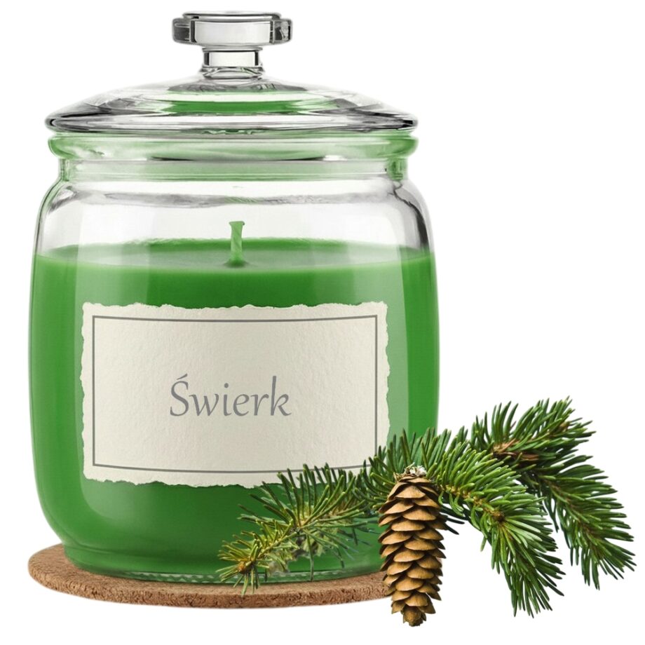 Świeca Zapachowa 750ml ŚWIERK w Szkle | Świeca Sojowa, Czas palenia: ok. 230h, HANDMADE | z Korkową Podkładką, Seria: Glass 750ml
