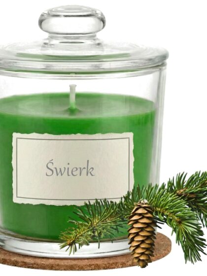 Świeca Zapachowa 440ml ŚWIERK w Szkle | Świeca Sojowa, Czas palenia: ok. 140h, HANDMADE | z Korkową Podkładką, Seria: Glass 440ml