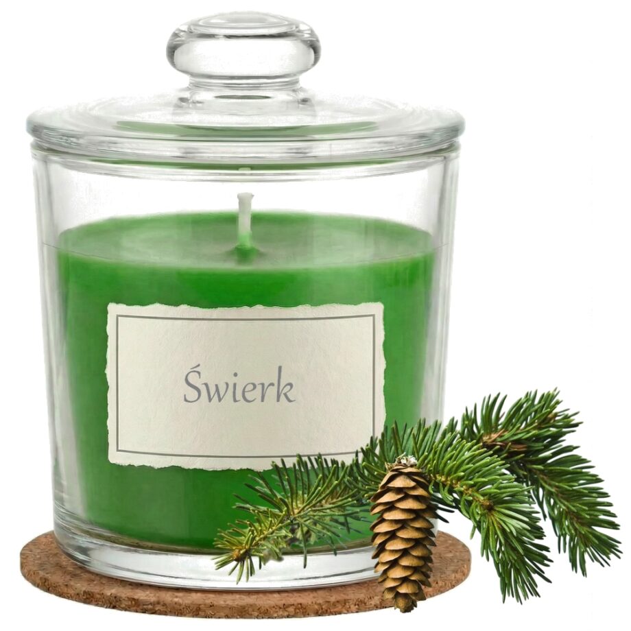 Świeca Zapachowa 440ml ŚWIERK w Szkle | Świeca Sojowa, Czas palenia: ok. 140h, HANDMADE | z Korkową Podkładką, Seria: Glass 440ml