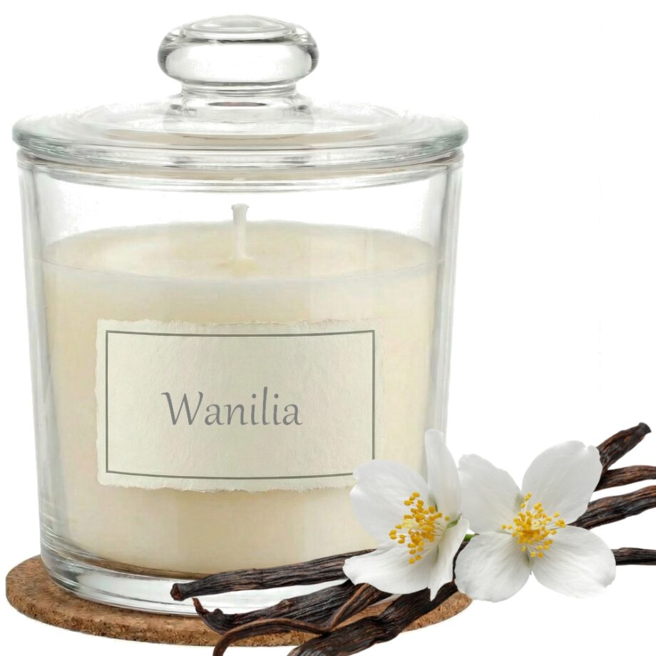 Świeca Zapachowa 440ml WANILIA w Szkle | Świeca Sojowa, Czas palenia: ok. 140h, HANDMADE | z Korkową Podkładką, Seria: Glass 440ml
