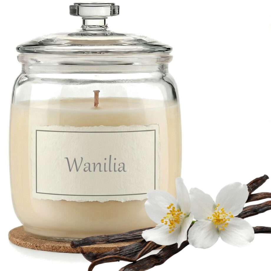 Świeca Zapachowa 750ml WANILIA w Szkle | Świeca Sojowa, Czas palenia: ok. 230h, HANDMADE | z Korkową Podkładką, Seria: Glass 750ml