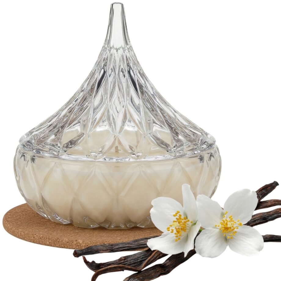 Świeca Zapachowa 220ml WANILIA w Krysztale | Świeca Sojowa, Czas palenia: ok. 65h, HANDMADE | z Korkową Podkładką, Seria: Cristal 220ml