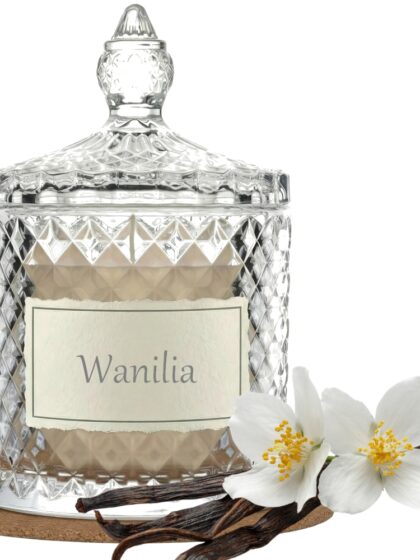 Świeca Zapachowa 330ml WANILIA w Krysztale | Świeca Sojowa, Czas palenia: ok. 100h, HANDMADE | z Korkową Podkładką, Seria: Cristal 330ml