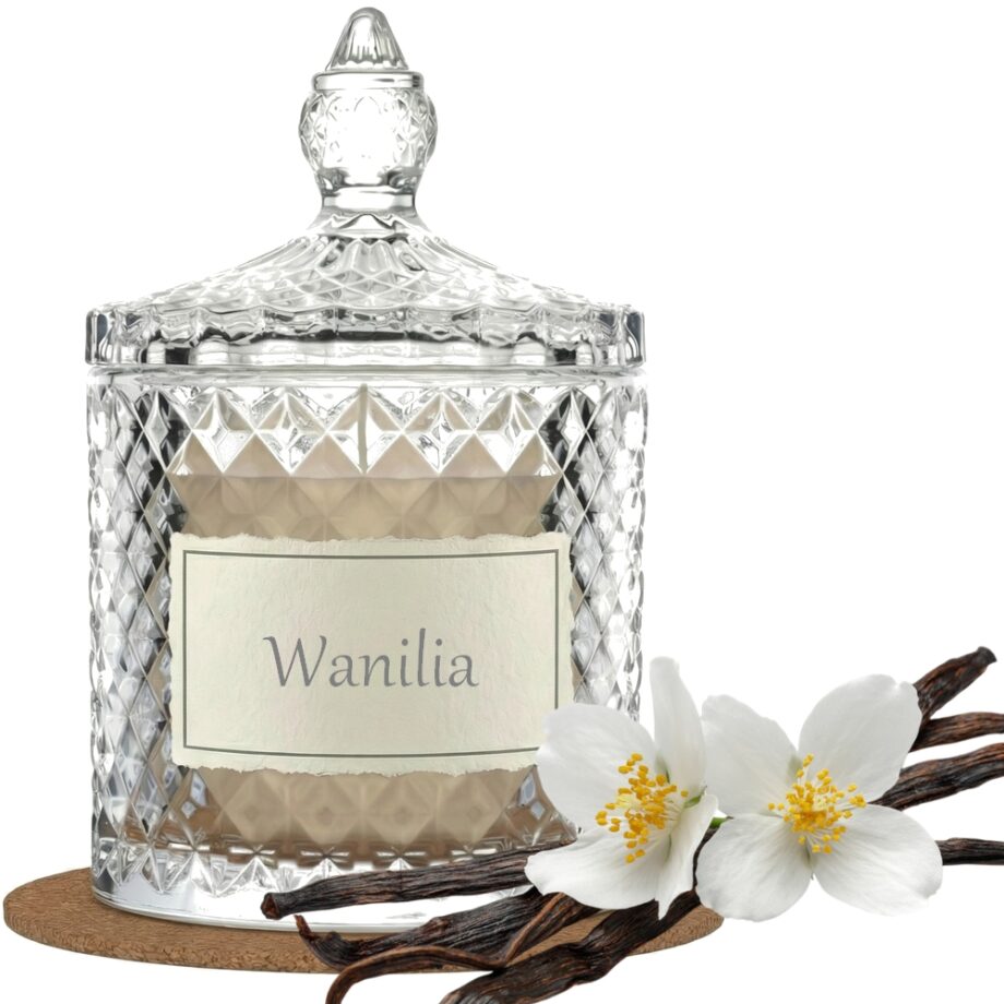 Świeca Zapachowa 330ml WANILIA w Krysztale | Świeca Sojowa, Czas palenia: ok. 100h, HANDMADE | z Korkową Podkładką, Seria: Cristal 330ml