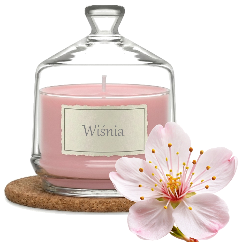 Świeca Zapachowa 280ml KWIAT WIŚNI w Szkle | Świeca Sojowa, Czas palenia: ok. 85h, HANDMADE | z Korkową Podkładką, Seria: Glass 280ml