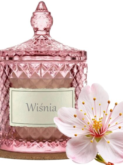 Świeca Zapachowa 330ml KWIAT WIŚNI w Krysztale | Świeca Sojowa, Czas palenia: ok. 100h, HANDMADE | z Korkową Podkładką, Seria: Cristal 330ml
