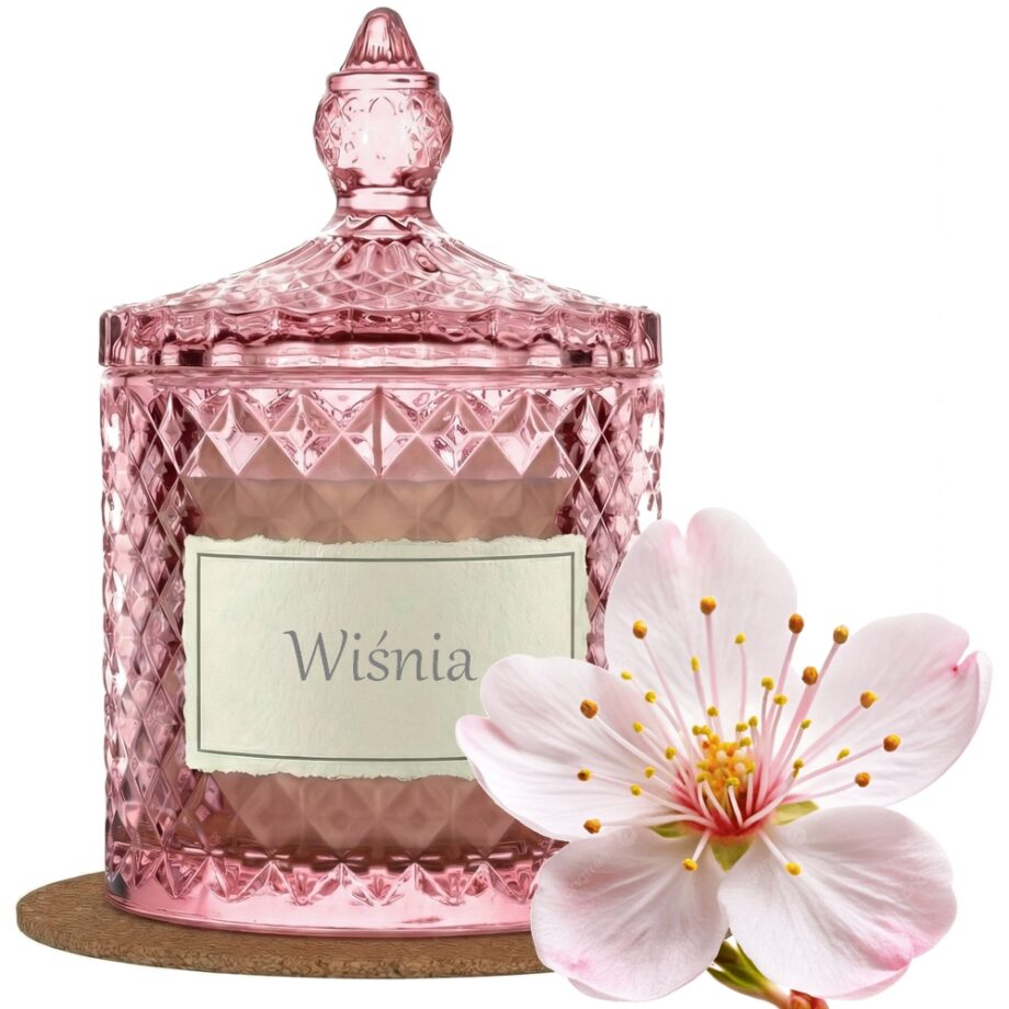 Świeca Zapachowa 330ml KWIAT WIŚNI w Krysztale | Świeca Sojowa, Czas palenia: ok. 100h, HANDMADE | z Korkową Podkładką, Seria: Cristal 330ml