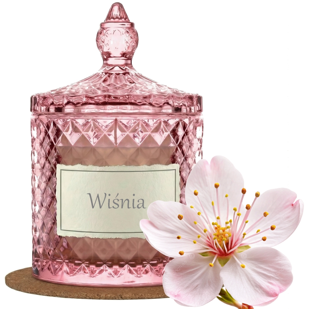 Świeca Zapachowa 330ml KWIAT WIŚNI w Krysztale | Świeca Sojowa, Czas palenia: ok. 100h, HANDMADE | z Korkową Podkładką, Seria: Cristal 330ml
