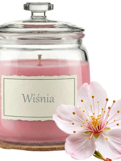 Świeca Zapachowa 750ml KWIAT WIŚNI w Szkle | Świeca Sojowa, Czas palenia: ok. 230h, HANDMADE | z Korkową Podkładką, Seria: Glass 750ml