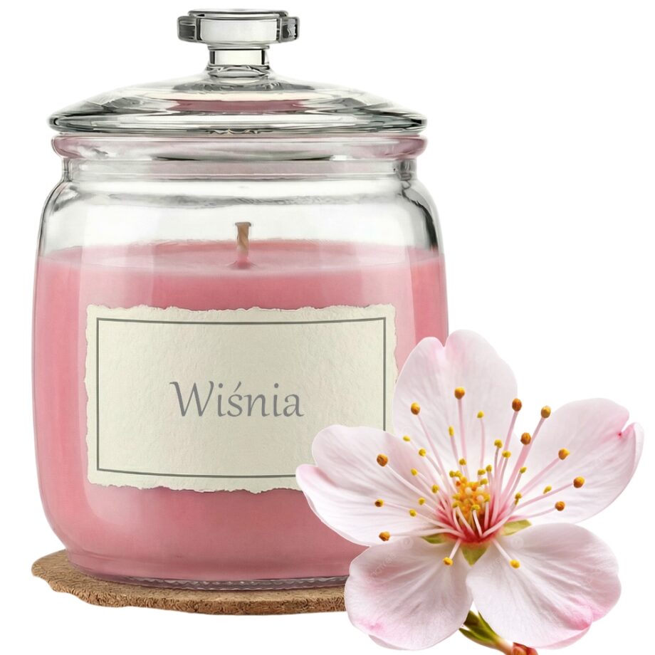 Świeca Zapachowa 750ml KWIAT WIŚNI w Szkle | Świeca Sojowa, Czas palenia: ok. 230h, HANDMADE | z Korkową Podkładką, Seria: Glass 750ml