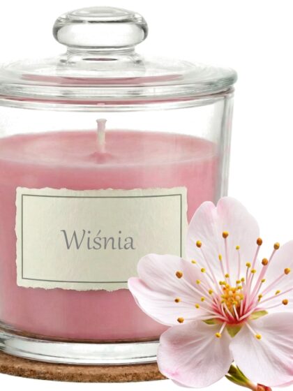 Świeca Zapachowa 440ml KWIAT WIŚNI w Szkle | Świeca Sojowa, Czas palenia: ok. 140h, HANDMADE | z Korkową Podkładką, Seria: Glass 440ml