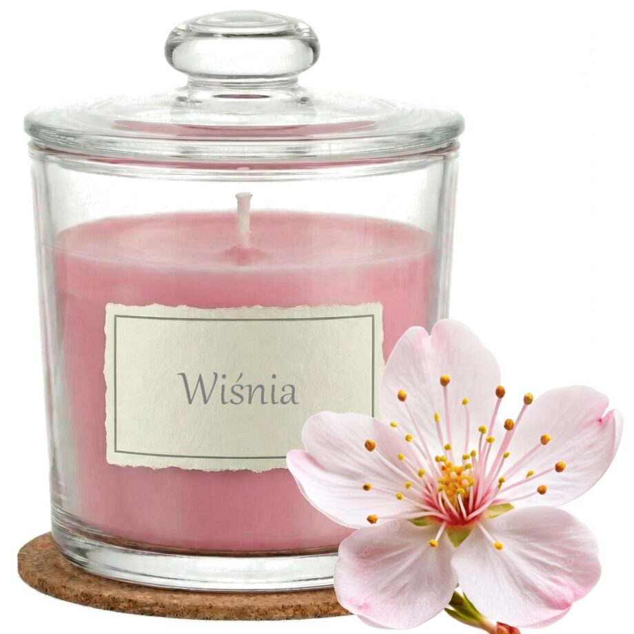 Świeca Zapachowa 440ml KWIAT WIŚNI w Szkle | Świeca Sojowa, Czas palenia: ok. 140h, HANDMADE | z Korkową Podkładką, Seria: Glass 440ml