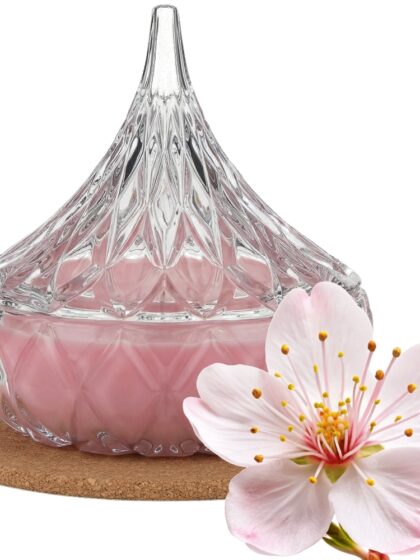 Świeca Zapachowa 220ml KWIAT WIŚNI w Krysztale | Świeca Sojowa, Czas palenia: ok. 65h, HANDMADE | z Korkową Podkładką, Seria: Cristal 220ml