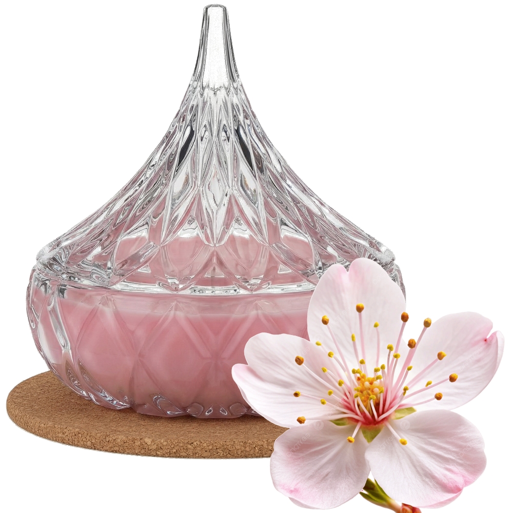 Świeca Zapachowa 220ml KWIAT WIŚNI w Krysztale | Świeca Sojowa, Czas palenia: ok. 65h, HANDMADE | z Korkową Podkładką, Seria: Cristal 220ml